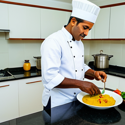 Home 15 A professional Seychellois chef, fully clothed in a clean, modest chef's uniform, carefully preparing a traditional Creole fish curry in a vibrant, well-lit kitchen. Fresh local ingredients like colorful spices (turmeric, curry leaves), coconut milk, and fresh fish are visible on a clean countertop. The chef is focused on the task, showcasing skillful technique. The setting reflects a blend of Indian, African, and French culinary influences. Perfect anatomy, correct proportions, natural pose, well-formed hands, proper finger count, natural body proportions, professional photography, high quality, safe for work, appropriate content, family-friendly.