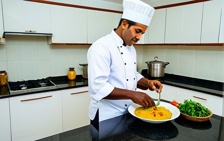 A professional Seychellois chef, fully clothed in a clean, modest chef's uniform, carefully preparing a traditional Creole fish curry in a vibrant, well-lit kitchen. Fresh local ingredients like colorful spices (turmeric, curry leaves), coconut milk, and fresh fish are visible on a clean countertop. The chef is focused on the task, showcasing skillful technique. The setting reflects a blend of Indian, African, and French culinary influences. Perfect anatomy, correct proportions, natural pose, well-formed hands, proper finger count, natural body proportions, professional photography, high quality, safe for work, appropriate content, family-friendly.