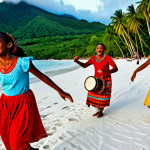A vibrant scene of Seychellois people engaged in the traditional Sega dance, set outdoors on a sandy beach at sunset. A diverse group of adults and children, fully clothed in colorful, modest Creole attire, are dancing with joyous and energetic expressions. Traditional musical instruments like Tam-Tam drums and stringed instruments are visible in the foreground, with natural poses and dynamic movement. The atmosphere is lively, reflecting a strong sense of community and cultural pride. safe for work, appropriate content, family-friendly, fully clothed, perfect anatomy, correct proportions, well-formed hands, proper finger count, natural body proportions, professional photography, high quality.
