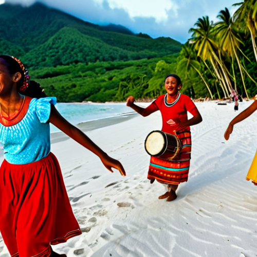 Home 14 A vibrant scene of Seychellois people engaged in the traditional Sega dance, set outdoors on a sandy beach at sunset. A diverse group of adults and children, fully clothed in colorful, modest Creole attire, are dancing with joyous and energetic expressions. Traditional musical instruments like Tam-Tam drums and stringed instruments are visible in the foreground, with natural poses and dynamic movement. The atmosphere is lively, reflecting a strong sense of community and cultural pride. safe for work, appropriate content, family-friendly, fully clothed, perfect anatomy, correct proportions, well-formed hands, proper finger count, natural body proportions, professional photography, high quality.