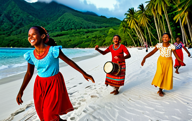 A vibrant scene of Seychellois people engaged in the traditional Sega dance, set outdoors on a sandy beach at sunset. A diverse group of adults and children, fully clothed in colorful, modest Creole attire, are dancing with joyous and energetic expressions. Traditional musical instruments like Tam-Tam drums and stringed instruments are visible in the foreground, with natural poses and dynamic movement. The atmosphere is lively, reflecting a strong sense of community and cultural pride. safe for work, appropriate content, family-friendly, fully clothed, perfect anatomy, correct proportions, well-formed hands, proper finger count, natural body proportions, professional photography, high quality.