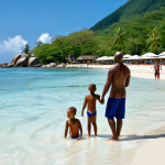 **

"A family-friendly scene at Beau Vallon beach in Seychelles. A mother and father are watching their children play safely in the shallow water. Fully clothed, modest swimwear. Beach umbrellas and lifeguards are visible in the background. Bright, sunny day. Safe for work, appropriate content, professional photography, perfect anatomy, correct proportions, natural pose, well-formed hands, proper finger count, natural body proportions."

**
