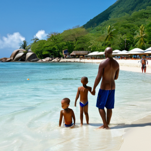 Home 7 **
"A family-friendly scene at Beau Vallon beach in Seychelles. A mother and father are watching their children play safely in the shallow water. Fully clothed, modest swimwear. Beach umbrellas and lifeguards are visible in the background. Bright, sunny day. Safe for work, appropriate content, professional photography, perfect anatomy, correct proportions, natural pose, well-formed hands, proper finger count, natural body proportions."
**