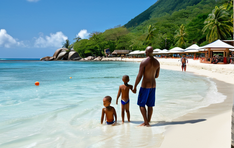 **

"A family-friendly scene at Beau Vallon beach in Seychelles. A mother and father are watching their children play safely in the shallow water. Fully clothed, modest swimwear. Beach umbrellas and lifeguards are visible in the background. Bright, sunny day. Safe for work, appropriate content, professional photography, perfect anatomy, correct proportions, natural pose, well-formed hands, proper finger count, natural body proportions."

**