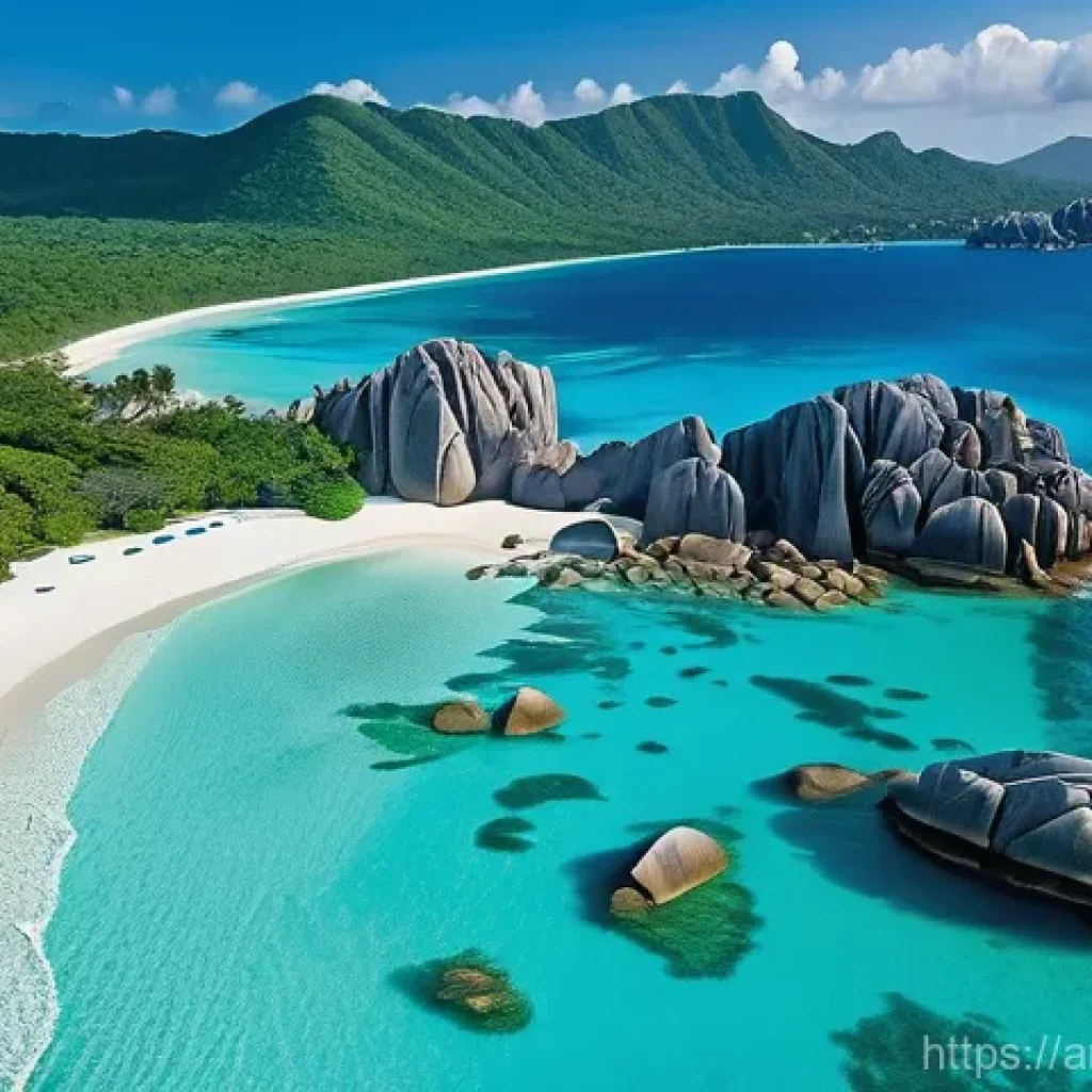 세이셸 관광 필수 스팟 - **Anse Source d'Argent: Emerald Waters and Granite Sentinels** "A tranquil, aerial view of Anse ...