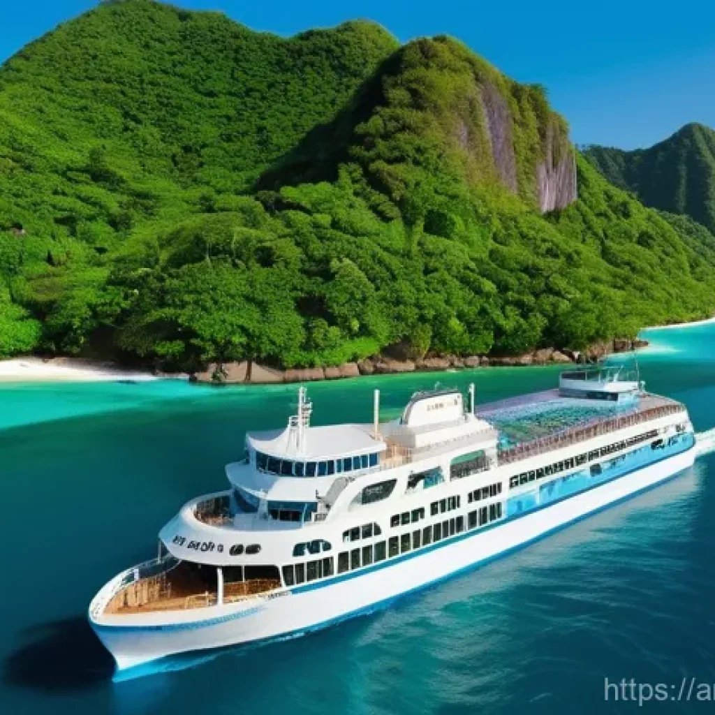 세이셸 섬 간 이동 방법 - A vibrant, scenic view of a modern ferry (resembling a Cat Cocos ferry) gracefully navigating the ca...