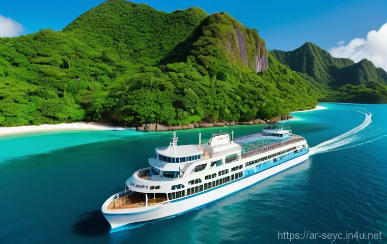 세이셸 섬 간 이동 방법 - A vibrant, scenic view of a modern ferry (resembling a Cat Cocos ferry) gracefully navigating the ca...
