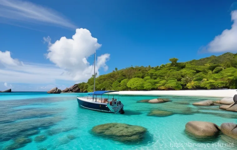 세이셸 섬 간 이동 방법 - A vibrant, scenic view of a modern ferry (resembling a Cat Cocos ferry) gracefully navigating the ca...