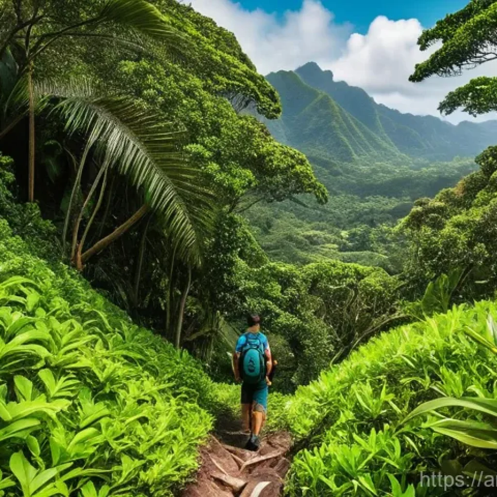 세이셸 국립공원 탐방 - **Prompt 1: Morne Seychellois National Park Hike** "A vibrant, wide-angle shot of a person hikin...