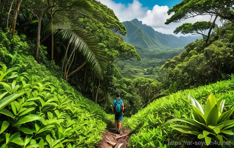 세이셸 국립공원 탐방 - **Prompt 1: Morne Seychellois National Park Hike** "A vibrant, wide-angle shot of a person hikin...