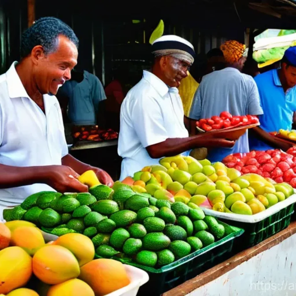 세이셸 음식 중독 주의사항 - **Prompt: A vibrant, bustling scene at a traditional Seychellois fish and produce market. Focus on t...