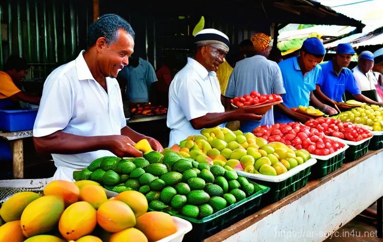 세이셸 음식 중독 주의사항 - **Prompt: A vibrant, bustling scene at a traditional Seychellois fish and produce market. Focus on t...