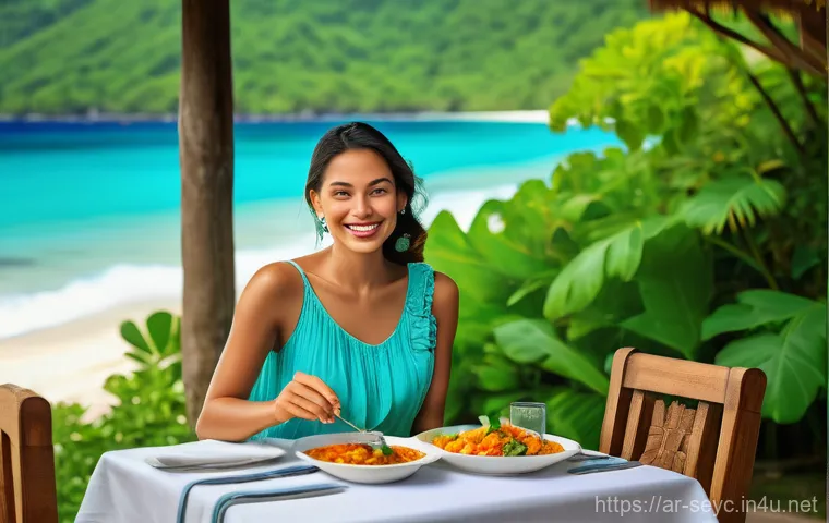 세이셸 음식 중독 주의사항 - **Prompt: A vibrant, bustling scene at a traditional Seychellois fish and produce market. Focus on t...