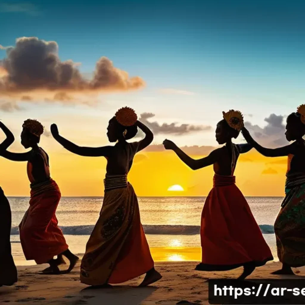 세이셸 전통 춤과 음악 - **Image Prompt 1: The Soulful Moutia Dance** "A vibrant outdoor scene of Seychellois adults and ...