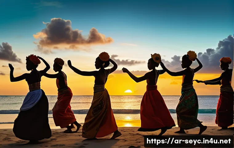세이셸 전통 춤과 음악 - **Image Prompt 1: The Soulful Moutia Dance** "A vibrant outdoor scene of Seychellois adults and ...