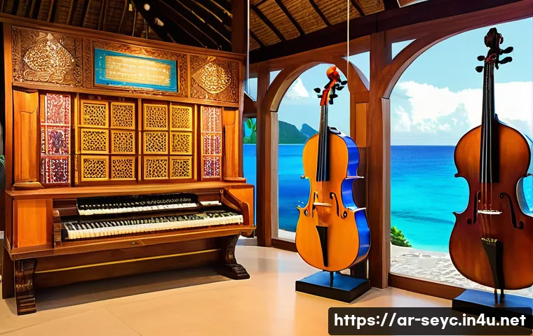 세이셸 국립 박물관 정보 - A vibrant museum exhibit showcasing traditional Seychellois musical instruments displayed elegantly ...