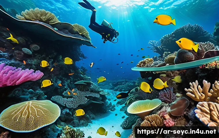 세이셸 낙원으로 알려진 이유 - A vibrant underwater scene showcasing the rare coral reefs of Seychelles, filled with colorful coral...
