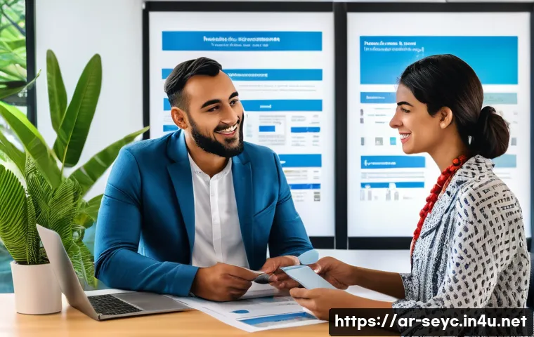 세이셸 여행 보험 정보 - A detailed scene showing an Arab traveler in Seychelles consulting with an insurance agent at a mode...