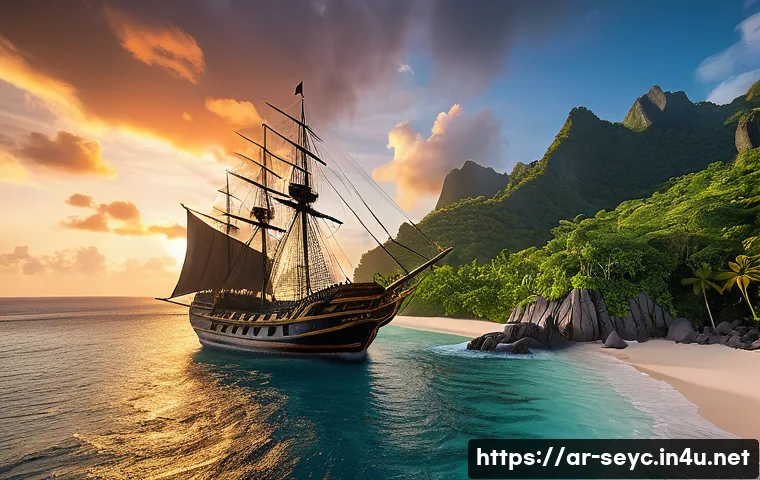 세이셸 해적과 관련된 역사 - A dramatic scene of 17th-century Indian Ocean pirate ships anchored in secluded coves around the Sey...