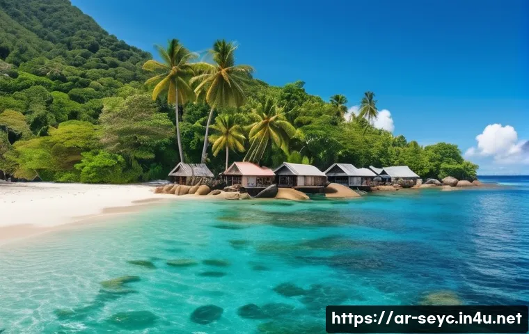 세이셸 배낭여행 루트 - A vibrant tropical island scene in Seychelles featuring lush green forests and pristine white sandy ...