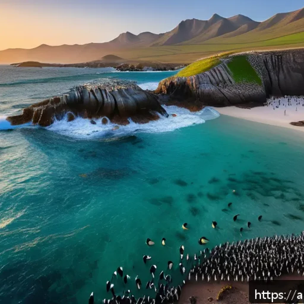 세이셸 아프리카 펭귄 보호지역 - A vibrant coastal wildlife reserve scene at sunrise featuring a colony of African penguins wearing l...