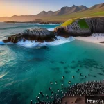 Home 19 세이셸 아프리카 펭귄 보호지역 - A vibrant coastal wildlife reserve scene at sunrise featuring a colony of African penguins wearing l...