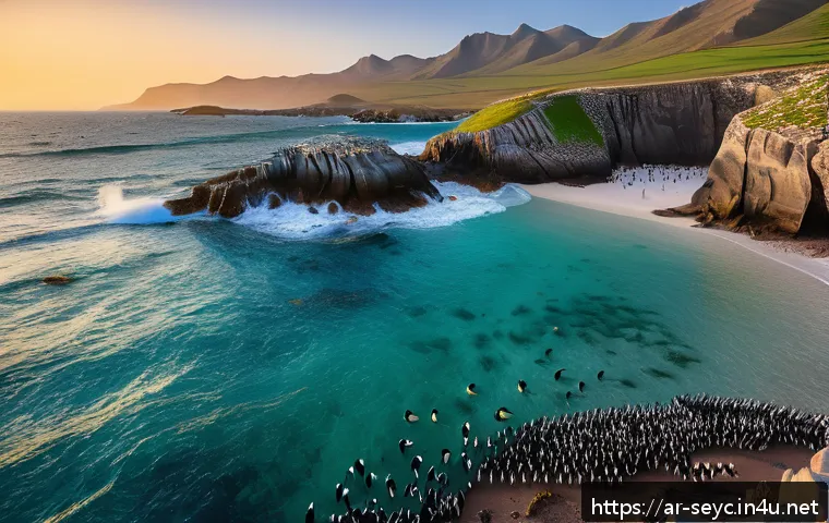 세이셸 아프리카 펭귄 보호지역 - A vibrant coastal wildlife reserve scene at sunrise featuring a colony of African penguins wearing l...