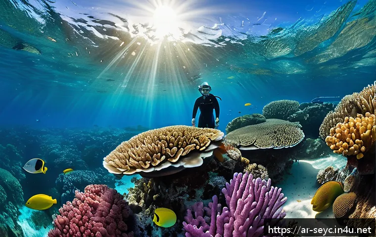 세이셸 스노클링 스팟 - A vibrant underwater scene in the coral reefs of Seychelles showcasing a diverse array of colorful f...