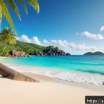 Home 23 세이셸 해변 휴양지 추천 - A serene beach scene at Anse Lazio in Seychelles during early morning, featuring soft white sand and...