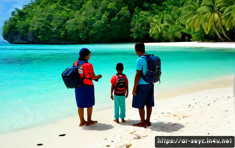 Home 17 세이셸 여행 안전주의사항 - Photorealistic travel safety scene on a Seychelles beach, an Arab family in modest summer clothing s...